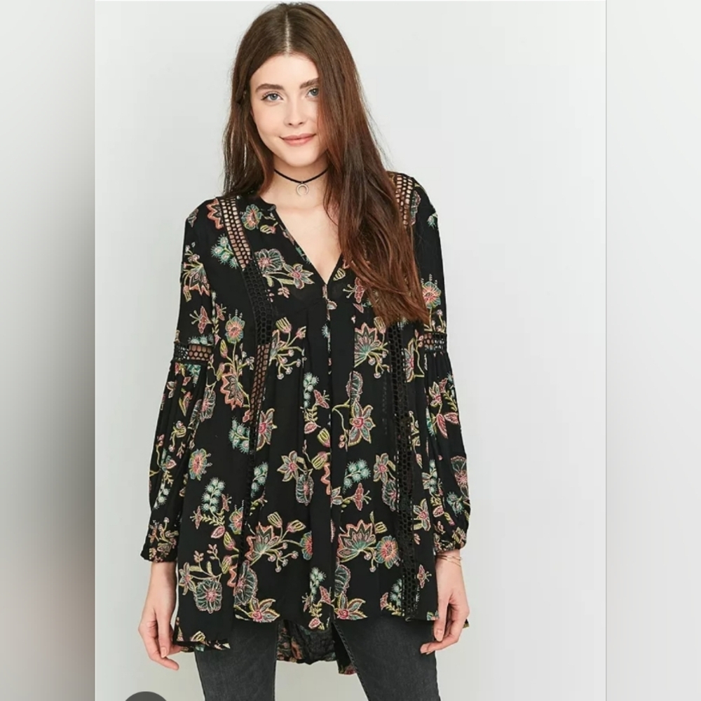 Free People Just The Two Of Us Tunic Top Black Floral Boho Mini Dress Size XS
